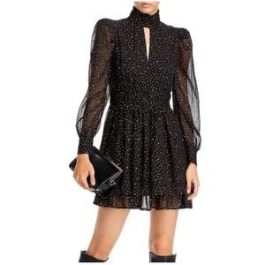 Aqua Black & metallic Gold Star Print Sheer Blouson Turtleneck Mini Dress